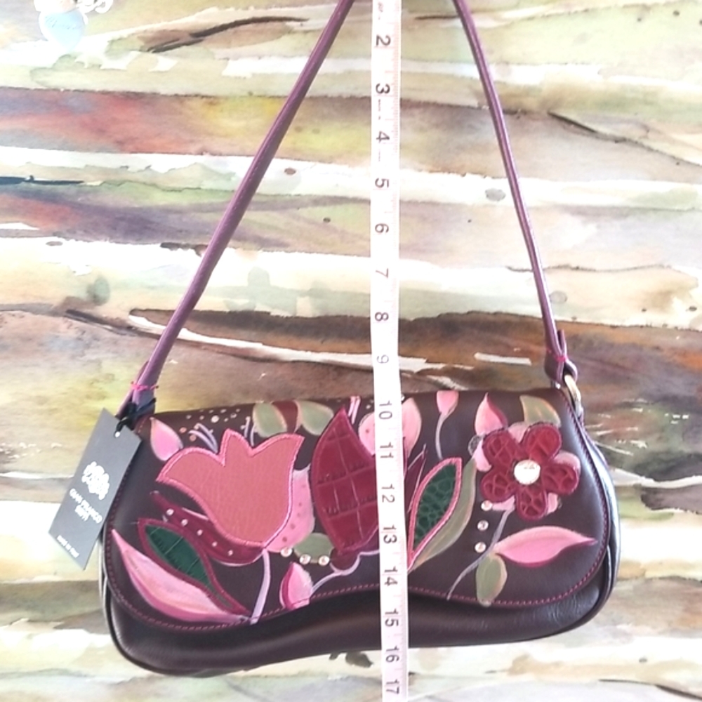 ARTSY GIAN Franco SISTI Wine Floral Collage Appliques Leather Shoulder Bag NWT - Picture 12 of 13